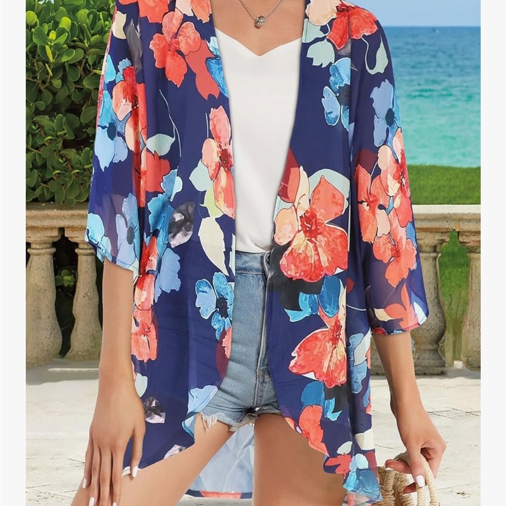Floral Blue Kimono Cover-Up lightweight cardigan size 18-24